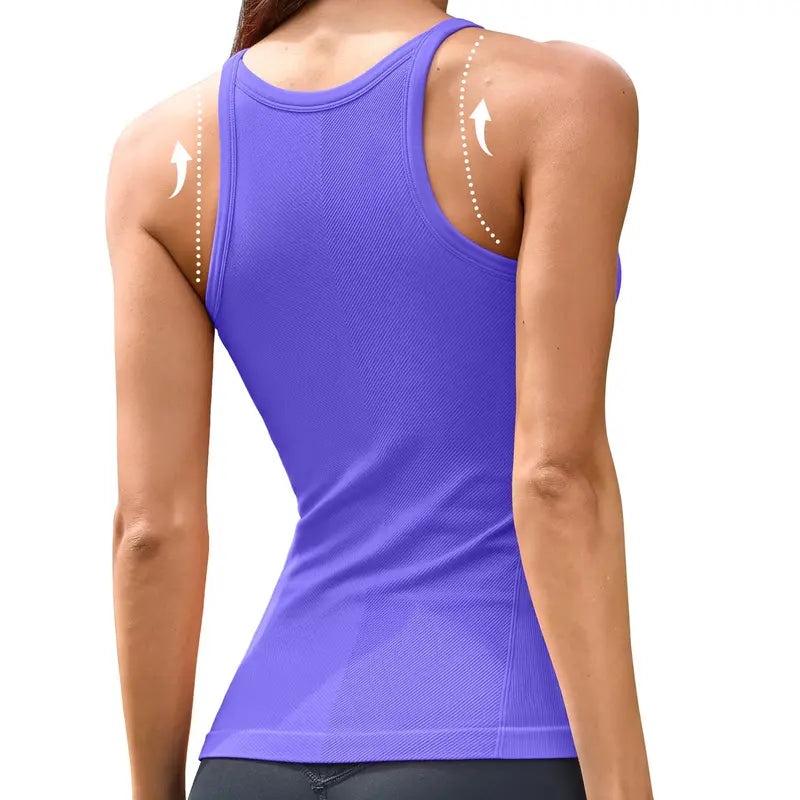 ATTRACO Women Ribflex Workout Tank Tops with Built in Bra Basic Ribbed Tank Top Crew Neck Racerback Athletic Camisole Seamless