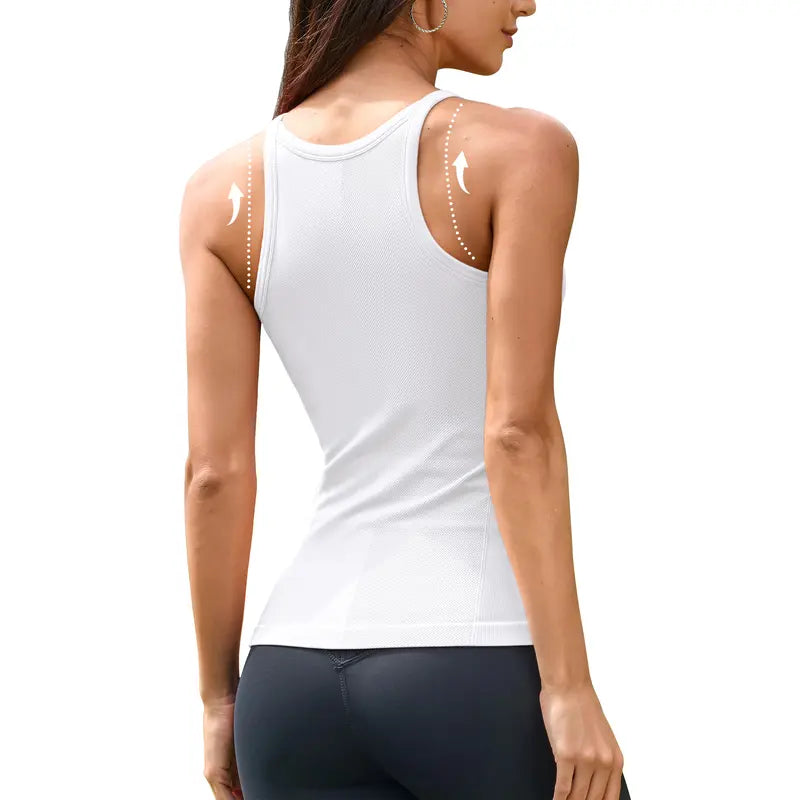 ATTRACO Women Ribflex Workout Tank Tops with Built in Bra Basic Ribbed Tank Top Crew Neck Racerback Athletic Camisole Seamless