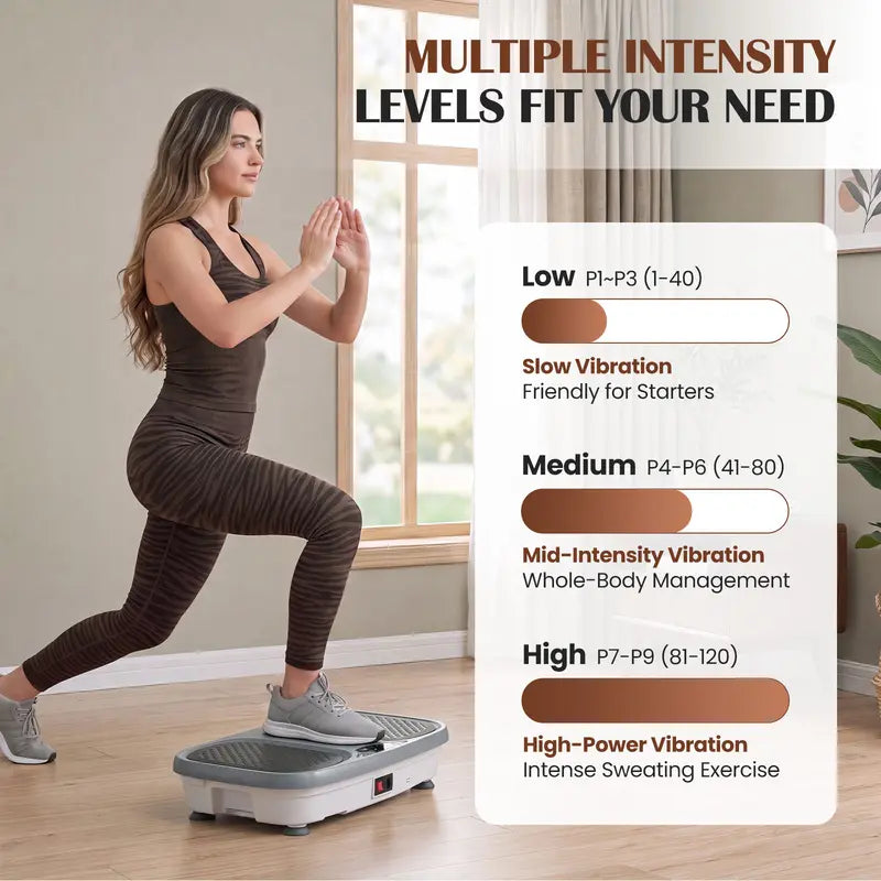 Vibratory Plate Machine - 120-Speeds Home Fitness Equipment for Indoor Core Training, Compact Portable Vibration Trainer with Remote Control, Resistance Bands, Bluetooth Audio, LED Display