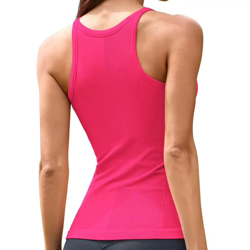 ATTRACO Women Ribflex Workout Tank Tops with Built in Bra Basic Ribbed Tank Top Crew Neck Racerback Athletic Camisole Seamless