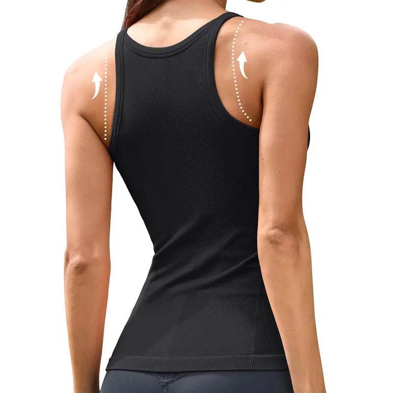 ATTRACO Women Ribflex Workout Tank Tops with Built in Bra Basic Ribbed Tank Top Crew Neck Racerback Athletic Camisole Seamless