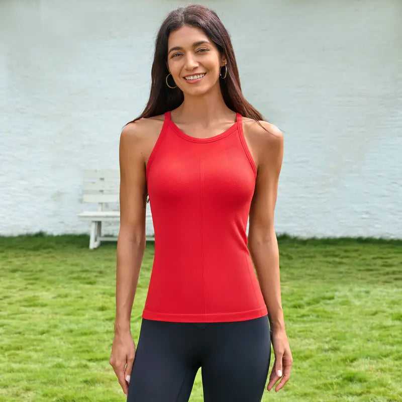 ATTRACO Women Ribflex Workout Tank Tops with Built in Bra Basic Ribbed Tank Top Crew Neck Racerback Athletic Camisole Seamless