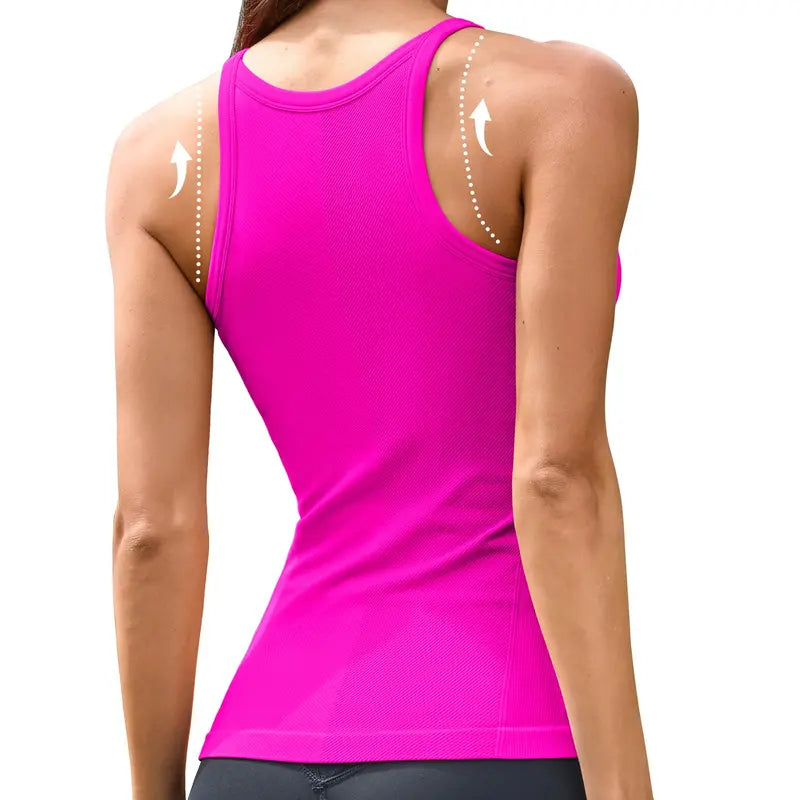 ATTRACO Women Ribflex Workout Tank Tops with Built in Bra Basic Ribbed Tank Top Crew Neck Racerback Athletic Camisole Seamless