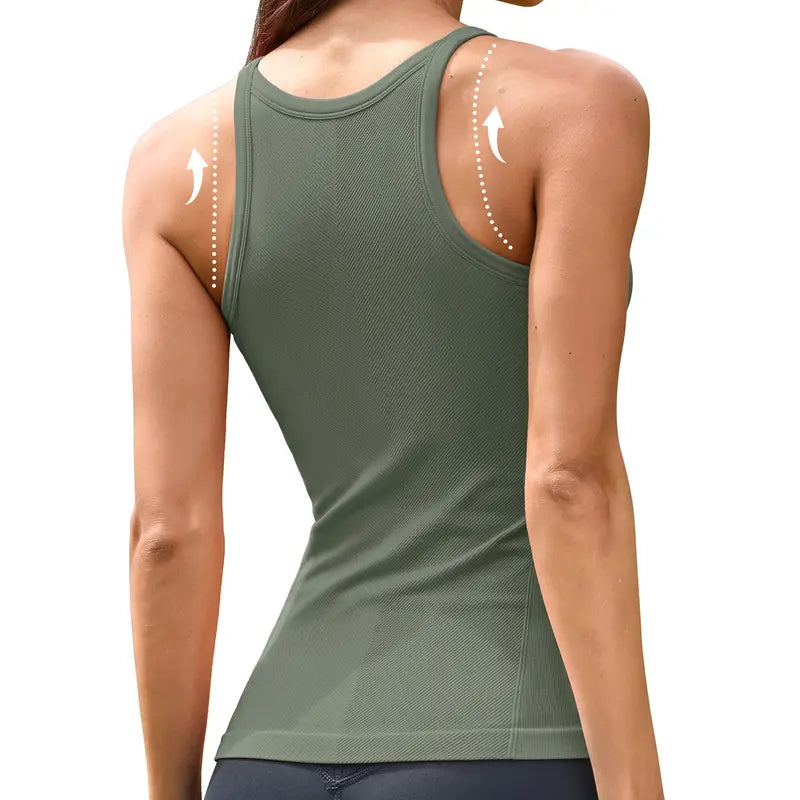ATTRACO Women Ribflex Workout Tank Tops with Built in Bra Basic Ribbed Tank Top Crew Neck Racerback Athletic Camisole Seamless
