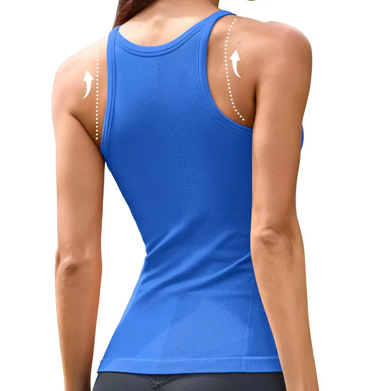 ATTRACO Women Ribflex Workout Tank Tops with Built in Bra Basic Ribbed Tank Top Crew Neck Racerback Athletic Camisole Seamless