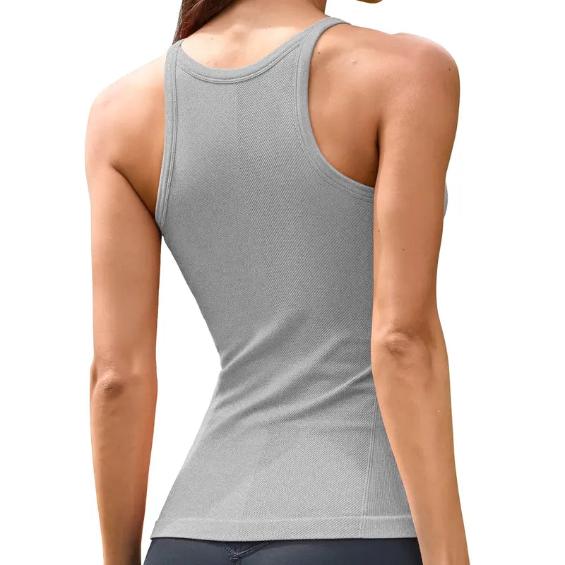 ATTRACO Women Ribflex Workout Tank Tops with Built in Bra Basic Ribbed Tank Top Crew Neck Racerback Athletic Camisole Seamless