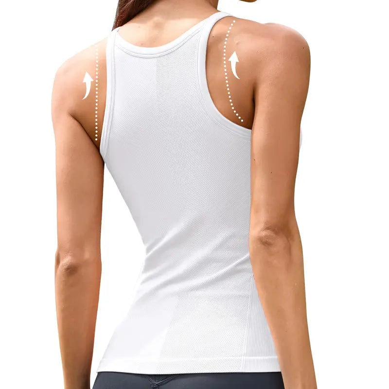 ATTRACO Women Ribflex Workout Tank Tops with Built in Bra Basic Ribbed Tank Top Crew Neck Racerback Athletic Camisole Seamless